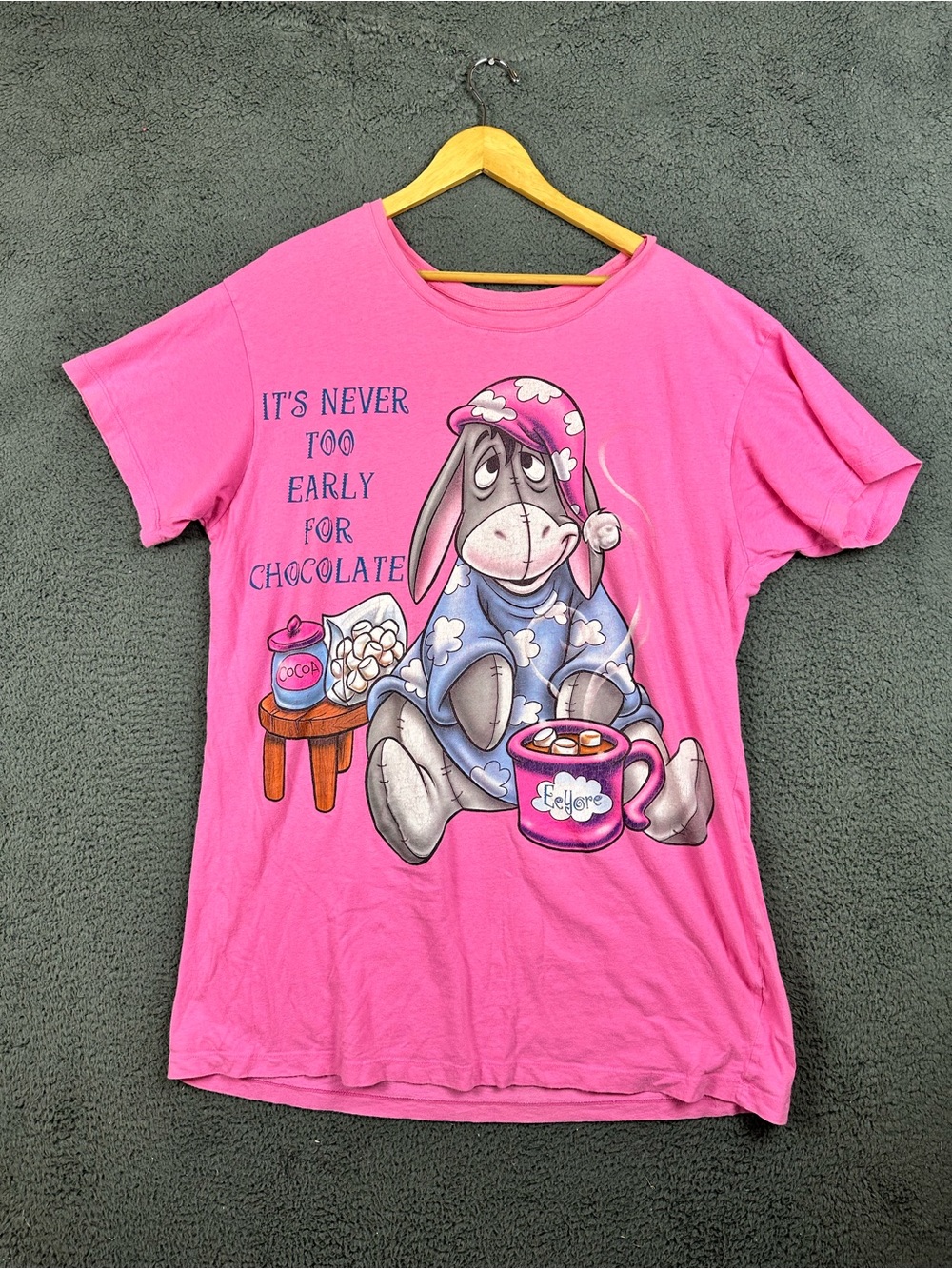 Disney Parks Eeyore Pink Graphic T-Shirt Never Too Early For Chocolate OSFM